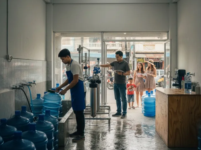 Filipino workers preparing the facility and equipment for a new water refilling station.