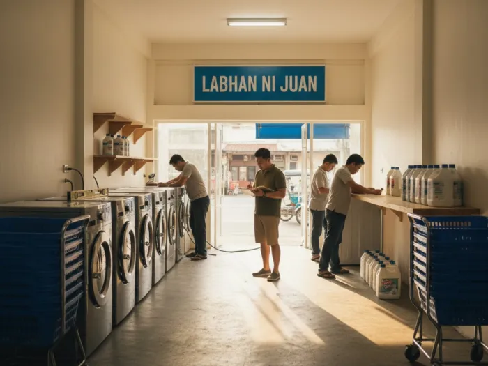 setup laundry shop layout philippines Filipino workers setting up the layout and equipment inside a new laundry shop in the Philippines.