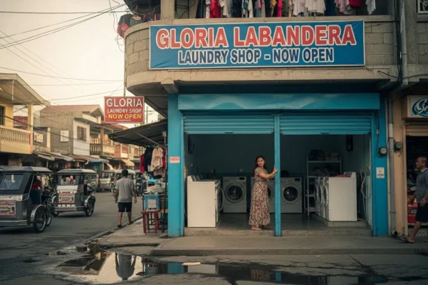 Newly opened laundry shop in the Philippines with the owner preparing the machines and storefront.