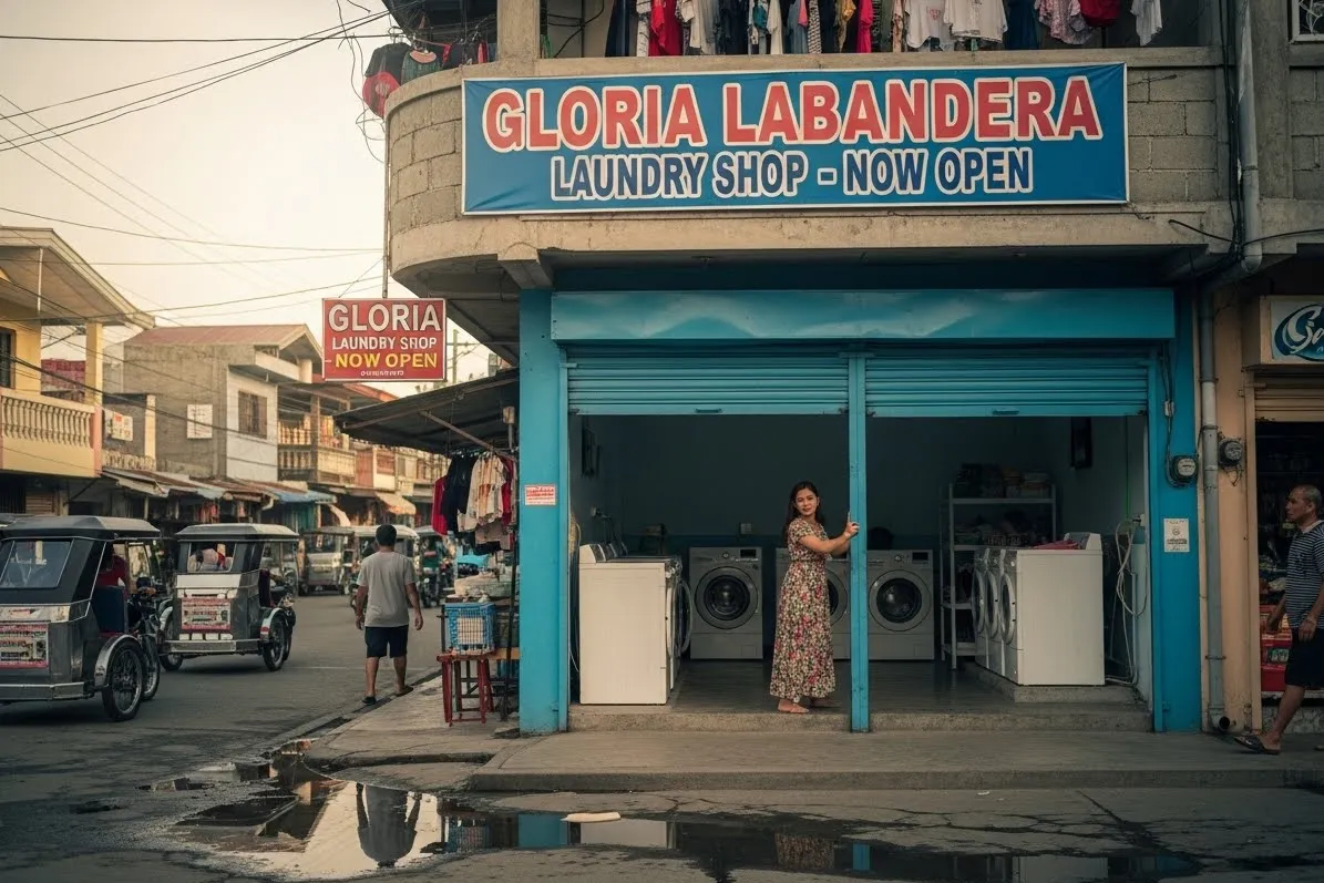 Newly opened laundry shop in the Philippines with the owner preparing the machines and storefront.