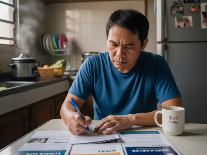 Filipino man comparing types of life insurance using printed brochures.