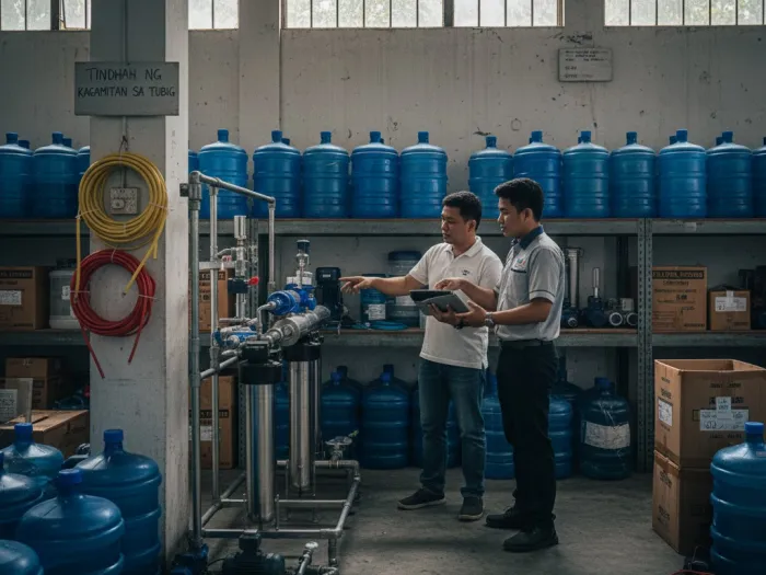 Filipino entrepreneur selecting water filtration equipment for a water refilling station.