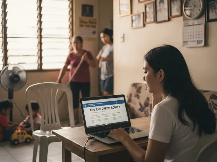 Filipina learning about what a credit score means for Pinoys inside a modest home.