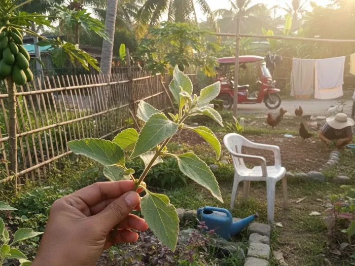 Fresh Sambong (Blumea balsamifera) leaves held in a Filipino backyard where the plant commonly grows.
