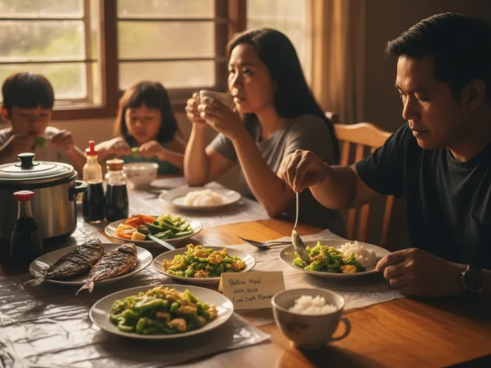 Filipino family eating Ampalaya dishes and tea at the proper timing for blood sugar support.