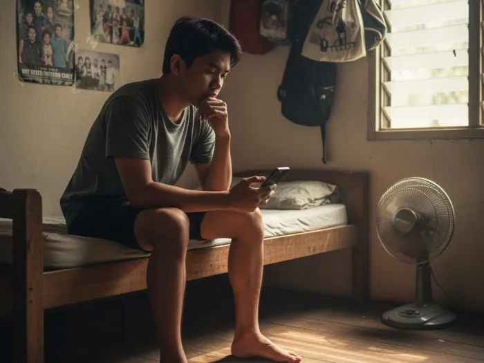 Young Filipino reading about early investing inside a small boarding room.