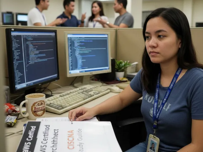 Filipino IT worker reviewing certification material to level up career opportunities in the Philippines.