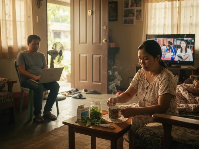 Filipino family using Lagundi tea at home as part of their natural healing tradition.