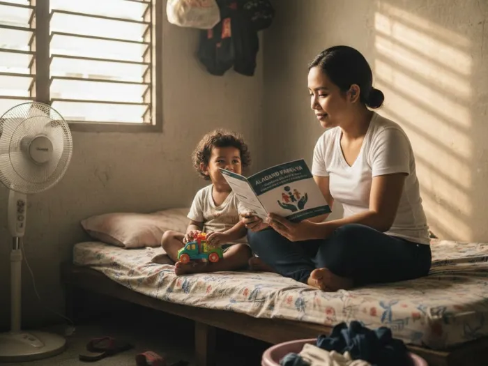 Filipina mother reflecting on life insurance for her family in a modest home.